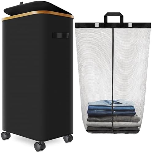 Laundry Hamper with Wheels, 110L Rolling Laundry Basket with Lid by Wuevu