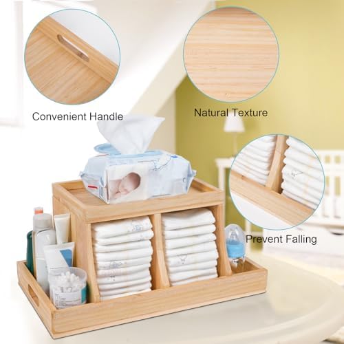 Diaper Caddy Organizer, Changing Table Organizer, Wooden Diaper Organizer for Nursery, Baby Diaper Storage Organizer with Removable Dividers (Brown, Rectangular Size) - Image 6