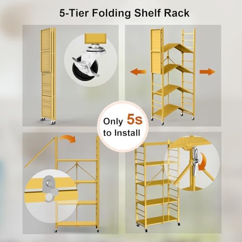 Himix 5-Tier Foldable Storage Shelves with 20 Hooks Wheels Bookshelf Gold - Image 5