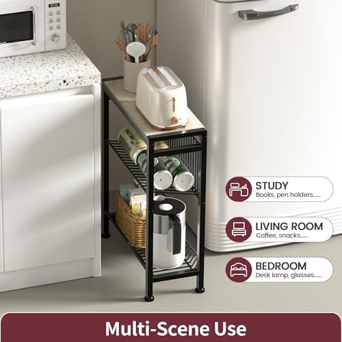 Narrow Side Table for Small Space, 3-Tier End Table with Magazine Holder, Slim Nightstand with Wire Shelf, Skinny Bedside Table in Living Room, Bedroom, Study, Kitchen and Balcony(Greige) - Image 4