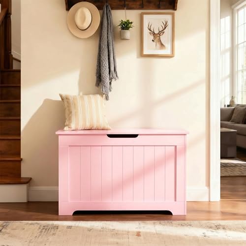 SUPER DEAL Storage Chest, 30 inches Chest Box Organizer with 2 Safety Hinges, Wooden Entryway Storage Bench, Pink - Image 4