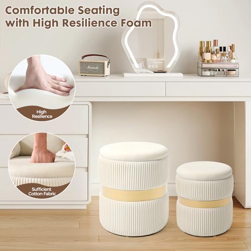 Round Ottoman with Storage Set of 2 White Velvet Vanity Stool - Image 2