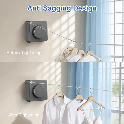 15.7Ft Retractable Clothesline Indoor Outdoor is Also an Anti-sag Clothes line for Indoors, Stainless Steel Wire Retractable Laundry Line for Drying Clothes, with 10 Windproof Clips (Gray) - Image 2