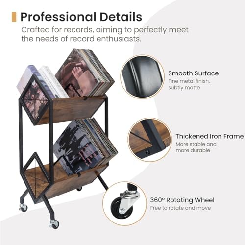 SwaaVee Vinyl Record Storage Holder with Wheels, 2-Tier Record Holder 160-200 LP with Dividers, Retro Style Quick Assembly Vinyl Record Display for Albums, Magazine, Book, Files(2 Tier- Rustic Brown) - Image 3