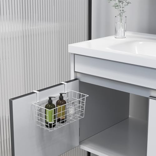 MaraFansie Basket with Hook, Grid Storage Basket, Over the Cabinet Door Organizer, Wire Hanging Basket with Hook Over the Railing, Under Sink Kitchen Cabinet, Pantry, Bathroom, White, 2 Pack - Image 5
