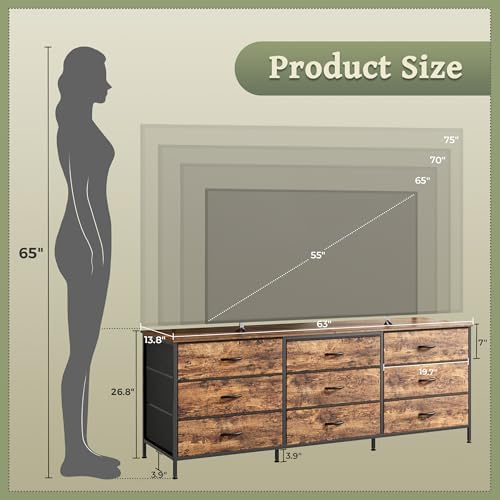 Huuger 63 Inch Dresser for Bedroom, Dresser for Closet with 9 Fabric Drawers, Large TV Stand for 55, 65, 70 Inch TV, Entertainment Center with Storage, Wide Long Chest of Drawers, Rustic Brown - Image 3