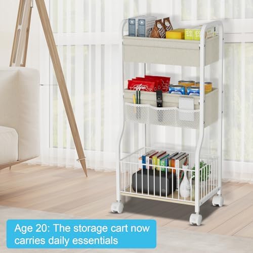 3-tier Baby Diaper Caddy Organizer and Storage Cart with 4+3 Dividers, Metal Utility Cart with Lockable Wheels for Nursery, Bedroom, Bathroom, White - Image 6