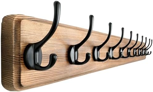 Dseap Wall Mounted Coat Rack: 38-1/4" Long, Patented, Heavy-Duty, 10-Double-Hooks Wooden Hanger Rail for Winter Coats, Hat, Jacket, Clothing - Natural & Black by Dseap