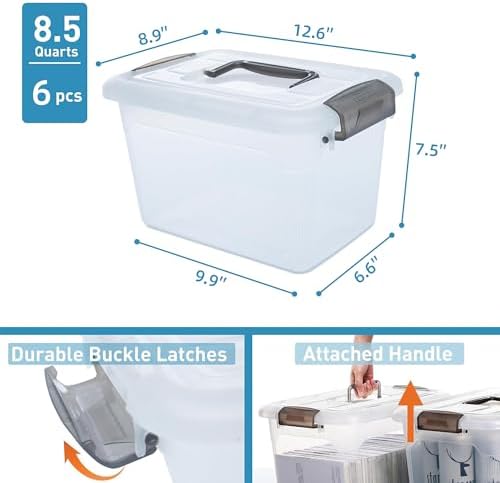 Citylife 6 Packs 8.5 QT Storage Bins with Lids Clear Plastic Bins with Grey Handle Stackable Storage Containers for Organizing - Image 2