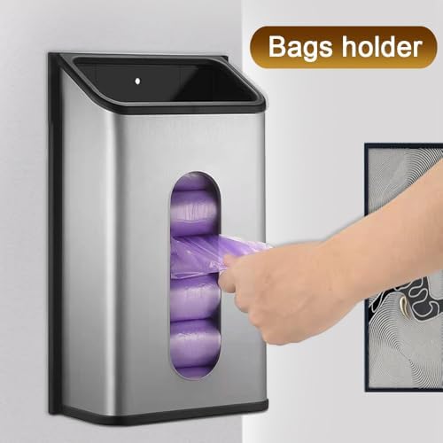 Plastic Bags Holder Grocery Dispenser for Kitchen Trash Bag Storage with Stainless Steel Front, Wall Mounted with Extra Wide Easy Access Openings - Image 6