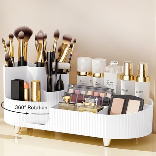 Rotating Vanity Organizer with Brush Holder, Large Spinning Makeup Skincare & Cosmetic Organizer, Countertop Perfume & Lotions Display Case (White) by COMFYROOM