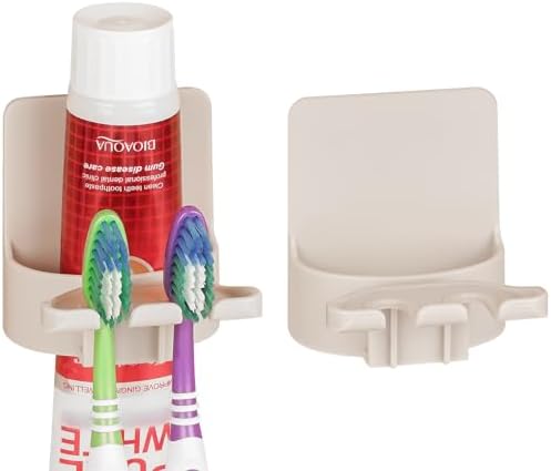 2 PCS Self-Adhesive Toothbrush Holders Wall Mounted, Water Proof Toothbrush Hook, 3 in 1 with Toothbrush Hanger Toothpaste Holder and Gargle Cup Holder for Bathroom Shower (Beige) by LUEXBOX