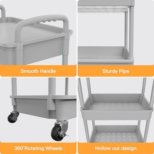 3 Tier Rolling Utility Cart with Drawer,REBECAT Utility Cart Made of Multifunctional Storage Organizer Tool for Kitchen,Bathroom,Living Room,Office(Gray) - Image 2