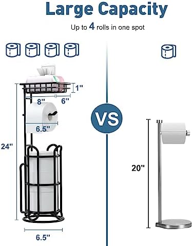 [Upgrade] Toilet Paper Holder Stand with Shelf Tissue Holders for Bathroom Free Standing Bath Tissue Roll Holder Magazine Rack for Mega Rolls/Phone/Wipe-Black - Image 5
