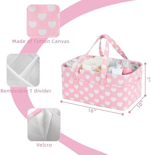 Diaper Caddy Organizer for Baby Girl-Nursery Storage Bin-Portable Car Organizer for Diapers and Baby Wipes- Baby Shower Registry Basket Newborn Must Have Tote Caddy Bag（Pink Heart） - Image 6