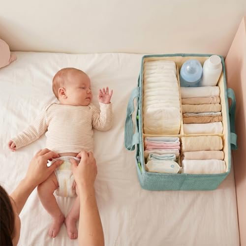 Baby Diaper Caddy Organizer with Portable Changing Mat-Portable Baby Organizers and Storage, Gift for Baby Shower, Corduroy Baby Essentials Organizer with Removable Dividers (Green) - Image 5