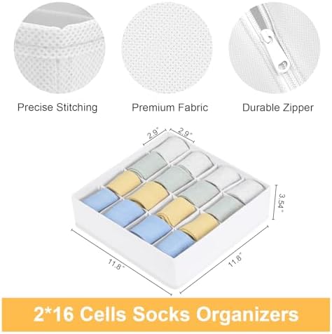 Joyoldelf Sock Drawer Organizer Divider, 16-Cell Underwear Organizers and Storage Fabric Drawer Organizer for Socks, Lingerie, Handkerchiefs, Ties Black, 2 Packs (White) - Image 2