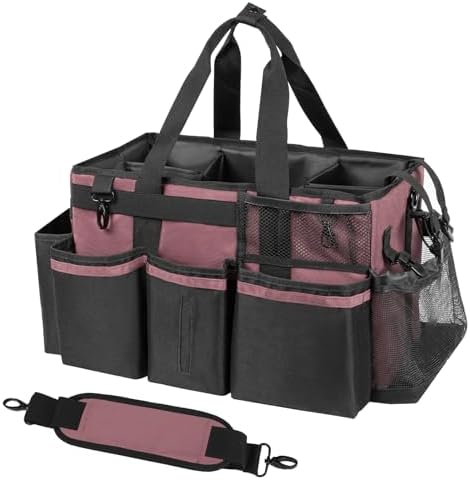 SCAVATA Wearable Cleaning Caddy, Cleaning Caddy Supplies Organizer with Handle & Shoulder Straps for Housekeepers, Under Sink & Car Cleaning Tool Organizers Bag with 4 Foldable Divider (LotusPink) by Tidyyourlife