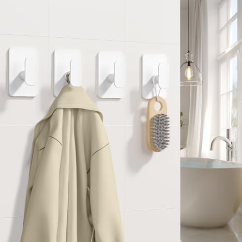 Large Heavy Duty Wall Hooks - 26lb Max, Stainless Steel Adhesive Towel Hooks for Hanging Towel, Coat, Robe, Hat, Sticky Towel Holder for Wall Mount in Bathroom, Shower, Kitchen (White, 4 Pack) - Image 2