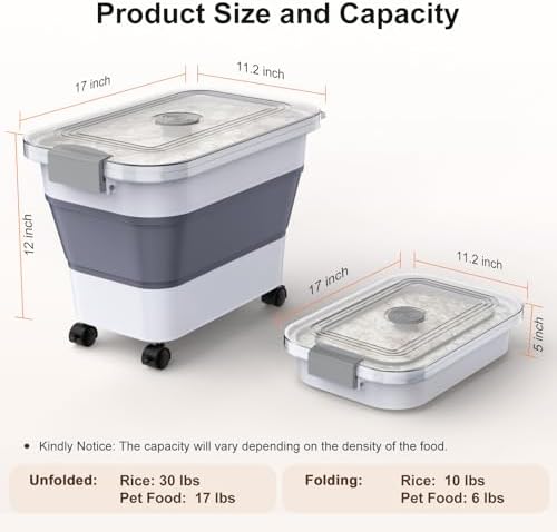 Rice Storage Container, Collapsible Airtight Food Storage Containers 20-30lbs with Clear Lid and Wheels, Rice Dispenser with Scoop for Flour Cereal Pasta Grain, Cat Pet Bird Dog Food Storage Container - Image 4