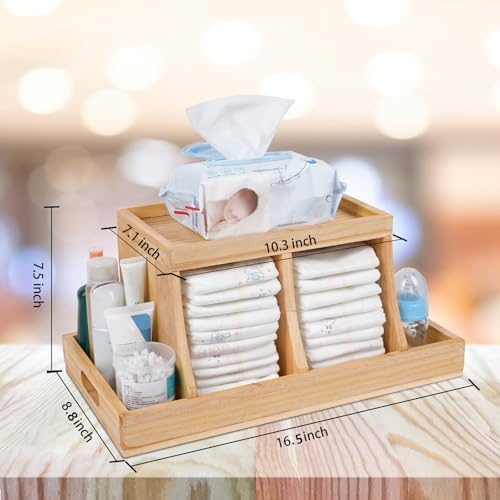 Diaper Caddy Organizer, Changing Table Organizer, Wooden Diaper Organizer for Nursery, Baby Diaper Storage Organizer with Removable Dividers (Brown, Rectangular Size) - Image 5