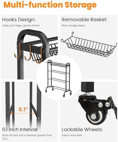 Ball Organizer with Wheels, 4 Tier Basketball Storage Cart, Black - Image 5