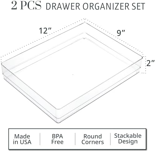 STORi SimpleSort 2-Piece Stackable Clear Drawer Organizer Set | 12" x 9" x 2" Rectangle Trays | Wide Makeup Vanity Storage Bins and Office Desk Drawer Dividers | Made in USA - Image 2