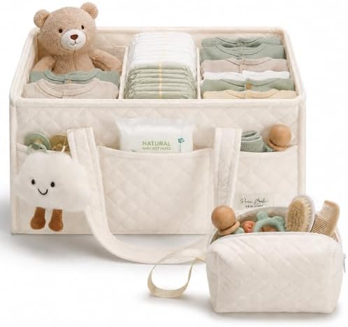 PeraBella Baby Diaper Caddy Organizer, Baby Basket Shower Gift, Portable Changing Table Basket, Postpartum Caddy & Tote Bag Pouch, Newborn Boy & Girl Nursery Essentials Registry, Car Diaper Organizer by PeraBella