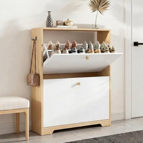 Nicetree Shoe Storage Cabinet with 2 Flip Drawers, Natural Oak and White by Nicetree