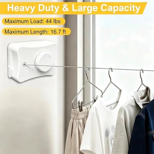 Retractable Clothesline Indoor & Outdoor, 16.7 Ft Non-Sagging Clothes Line, Retracting Heavy Duty Clothes Drying Laundry Line, Wall Mounted Space-Saving Stainless Steel Line (White, Single Line) - Image 2