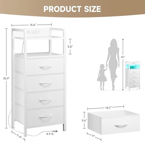 Lazzanto Nightstand with Rear Charging Station, LED Light, 4 Drawers, White - Image 3