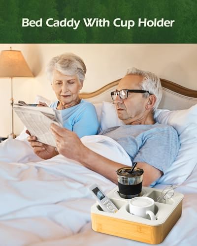 Couch Cup Holder Tray, Bamboo Couch Caddy with Rotatable Phone Holder for Bed Organizer, Waterproof Anti-spill Sofa Cup Holder for Snacks Beverage Remote White - Image 4