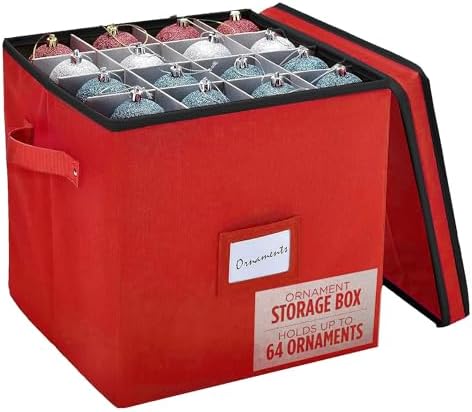 Handy Laundry, Christmas Ornament Storage - Stores up to 64 Holiday Ornaments, Adjustable Dividers, Covered Top, Two Handles. Storage Box Keeps Holiday Decorations Clean & Dry for Next Season. (Red) by Handy+Laundry
