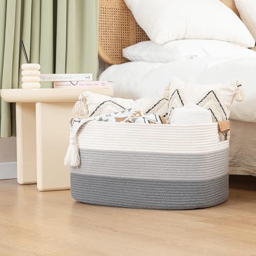 danpinera Large Woven Basket 25’’*16’’*16’’ 108L Woven Baskets for storage Baby Laundry Hamper, Cotton Rope Boho Decorative Storage Bin for Living Room, Nursery, Clothes, Pillows Gradient Grey - Image 5