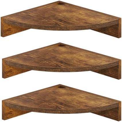 Fun Memories Corner Shelf Wall Mount, Wood Floating Corner Shelves, Corner Wall Shelf for Bedroom, Bathroom, Kitchen, Living Room (Brown, 3 Pack) by FunMemories
