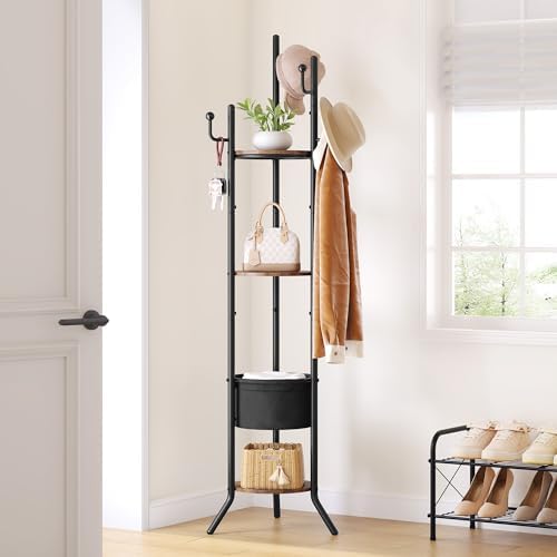 Hoctieon Coat Rack Freestanding, Round Coat Rack with 3 Wooden Shelves and 1 Fabric Basket, Metal Clothes Tree with 5 Hooks, Coat Hanger Stand for Clothes, Hats, Bags, Brown and Black - Image 2