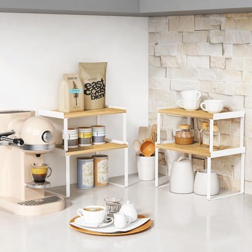 Goozii Cabinet Shelf Organizers Set of 4, Kitchen Countertop Rack for Plates Dishes Cups Mugs Spices, Pantry Cupboard Cabinet Organizers, Storage Shelves Rack Insert for Counter (Bamboo Wood, White) - Image 3