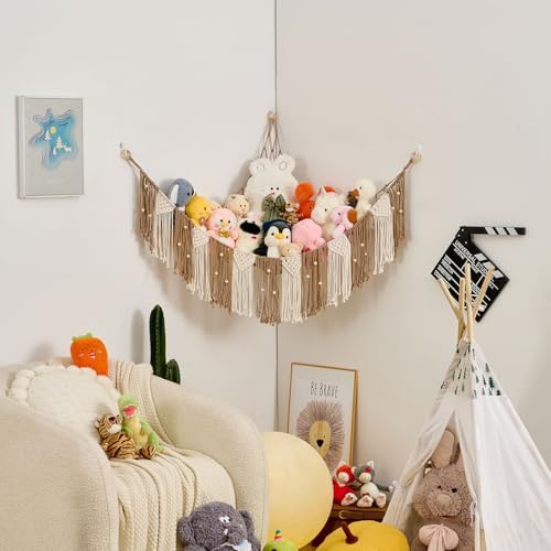 Pretty Jolly Stuffed Animal Hammock with Weaving Tassels and Beads Milk Coffee - Image 7