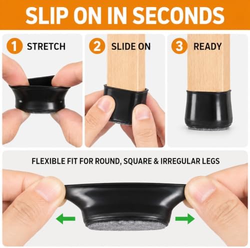 Chair Leg Floor Protectors w/Felt Pads 24-Pack – Stretch Silicone Furniture Caps for Hardwood Floors | Noise-Reducing No-Scratch Chair Covers (Medium, Fits Round & Square) - Image 5