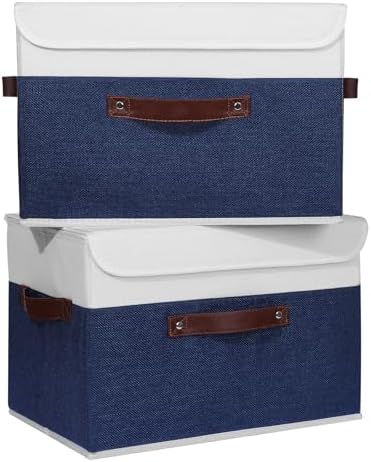 ANMINY Fabric Storage Box Bins with Lids, Blue White, 15"x10"x10", 2 Pack by ANMINY