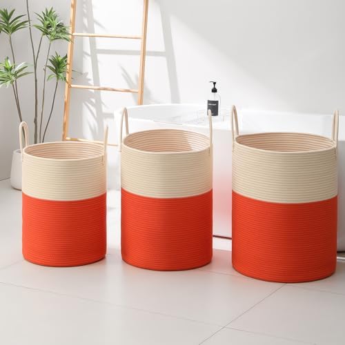 Woven Laundry Hamper Tall Rope Storage Basket for Blanket oys Dirty Clothes in Living Room Bathroom Bedroom (White&Orange, 100L/26.4Gal) - Image 6