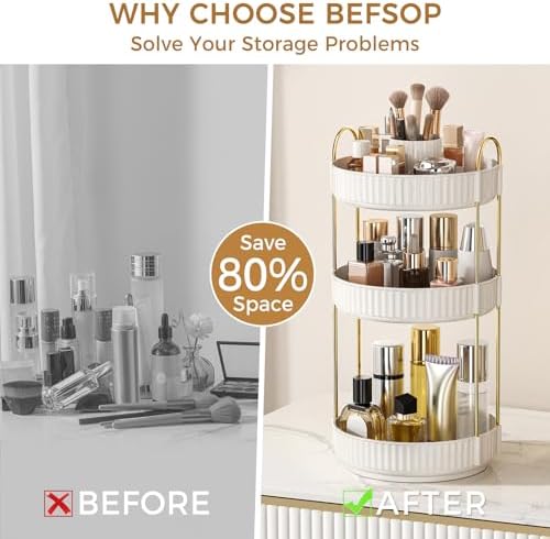 360° Rotating Makeup Organizer, Upgraded 3 Tier Skincare Perfume Organizers for Women, Bathroom Organizer Countertop, Clear Cosmetic Dresser Organizer with Makeup Brush Holder, Sink&Counter(White) - Image 3