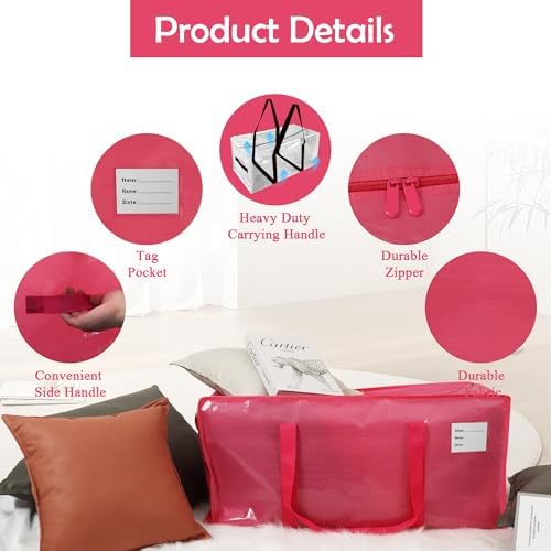4 Pack Heavy Duty Extra Large Moving Bags with Handles, Waterproof Foldable Storage Totes, Clothing Storage Bags, Packing Moving Boxes for College Supplies, Pink - Image 5