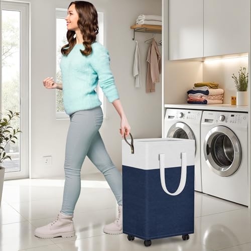 HomeHacks 75L Rolling Laundry Basket with 4 Wheels Collapsible Blue - Image 5