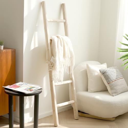 FUIN Blanket Ladder, 57in Rustic Wood Decor Rack, Fully Assembled, Natural - Image 6