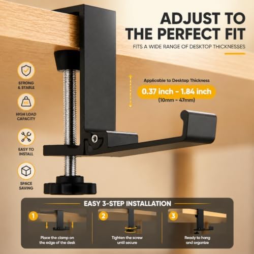 JAKO Headphone Stand for Desk, Aluminum Alloy Foldable Headphone Holder - Headset Stand Hook Mount, PC Gaming Headset Holder Under Desk Clamp for Office, Computer, Student Class Table, Handmade Table - Image 5