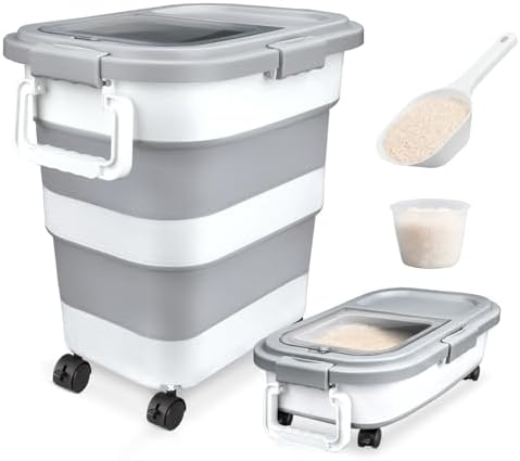 Komzon Rice Storage Container 10-40 lb, 25 lb Pet Dog Food Storage Container, Collapsible Airtight Rice Container,Rice Dispenser Bin with Cup and Scoop for Flour Cereal Pasta Grain, Cat Bird Food by Komzon