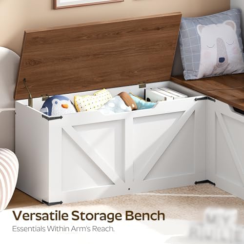YATINEY L-Shaped Storage Bench, Storage Toy Chest with Hidden Compartments, Breakfast Nook Bench for Corner Spaces, Kitchen, Dining Room, Cloakroom, Walnut and White CW01WH - Image 6