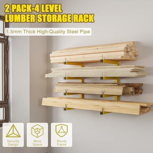 2-Pack Lumber Storage Rack, Wood Storage Racks Wall Mount, Heavy Duty Garage Wood Organizer with 4-Level System, Yellow Utility Rack Organization Up 800 Lbs, Metal Lumber Shelf for Indoor and Outdoor - Image 2
