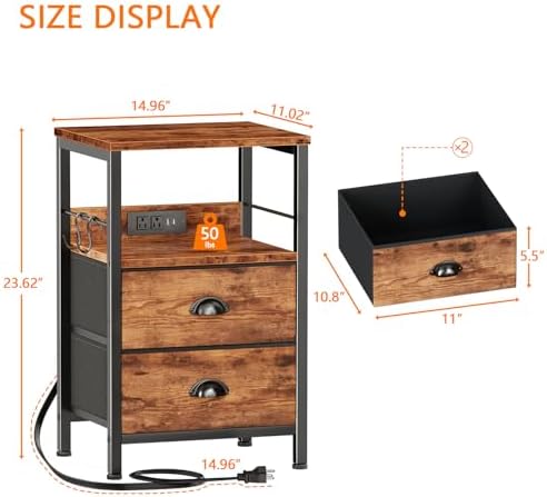 Furologee Nightstands Set of 2 with Charging Station, 2 Fabric Drawers - Image 3